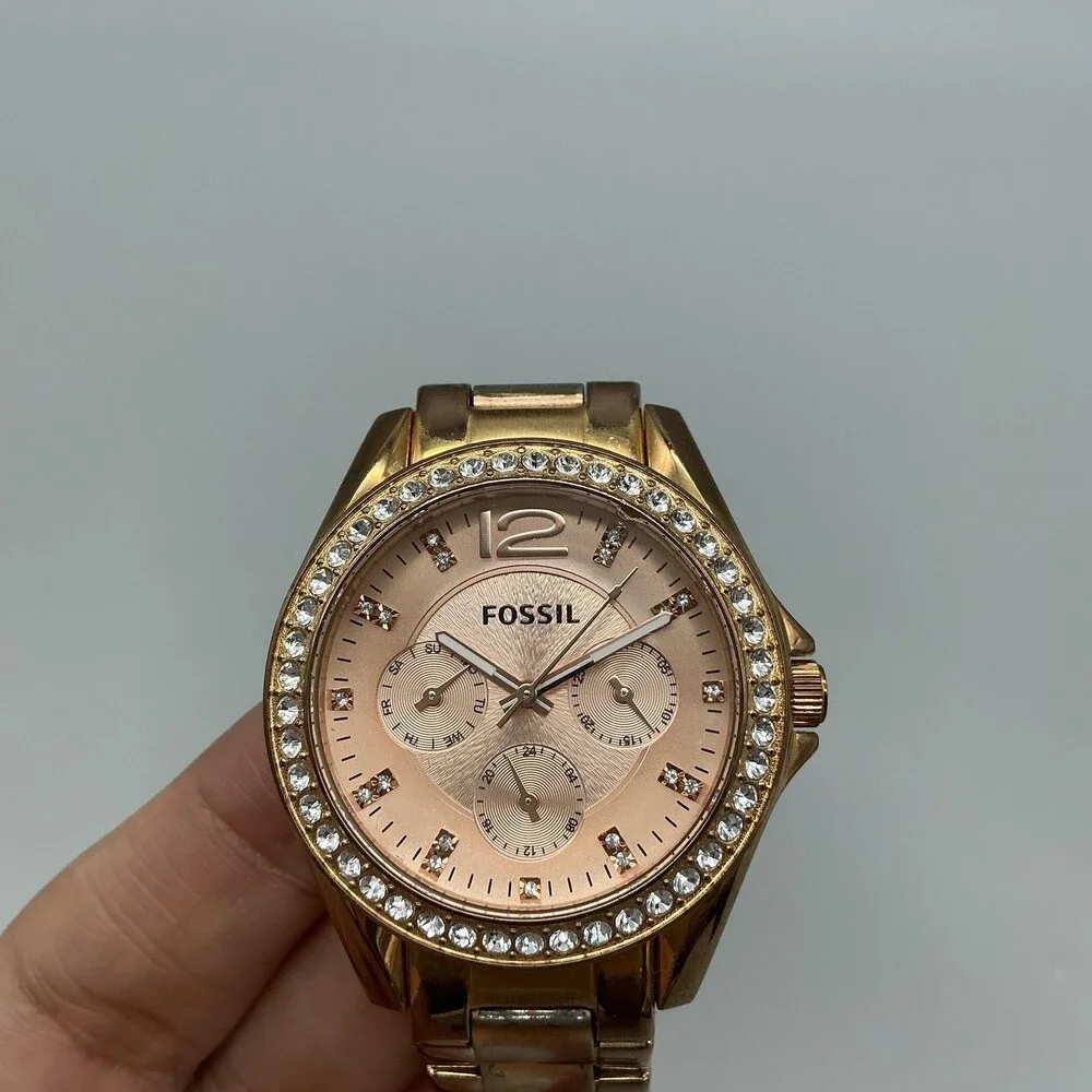 Fossil Womens Watch 38mm Rose Gold Tone Dial Crystal Bezel New Battery 6.75